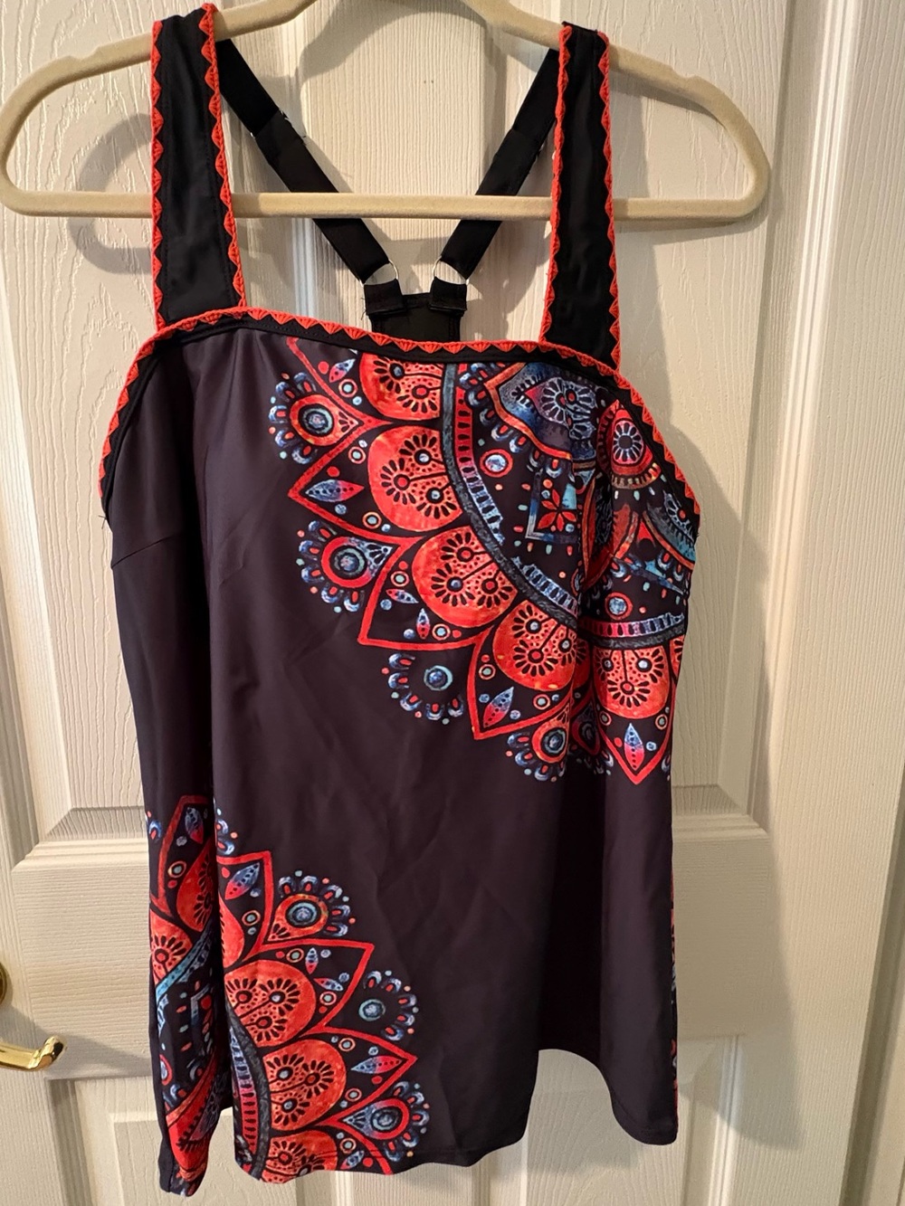 Black Tankini Top with Red and Blue Mandala Print
